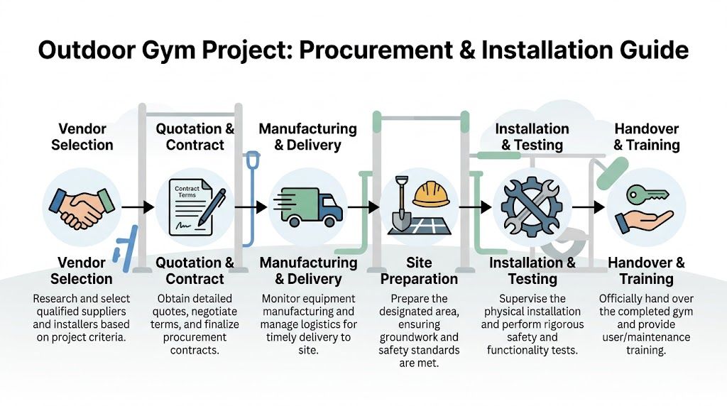A process flow chart illustrating the steps for a professional outdoor gym procurement and installation project.