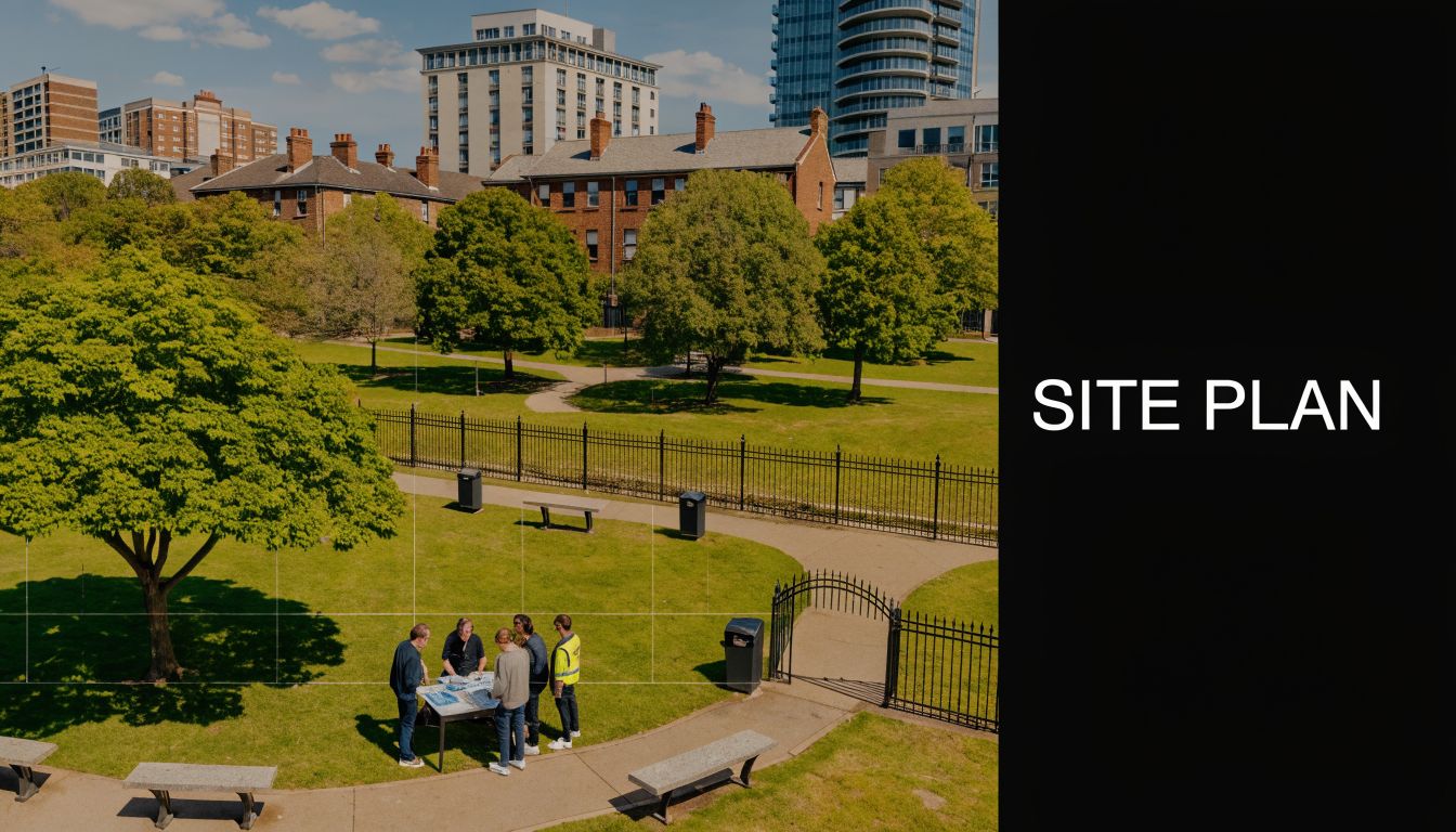 A group of professionals reviewing construction plans at a table in a public park with urban buildings.