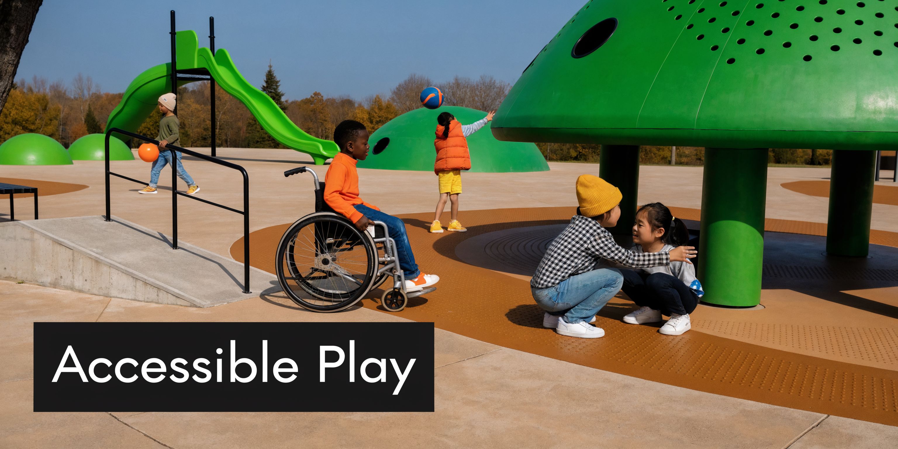 A diverse group of children playing on an inclusive outdoor playground with accessible equipment and ramps.