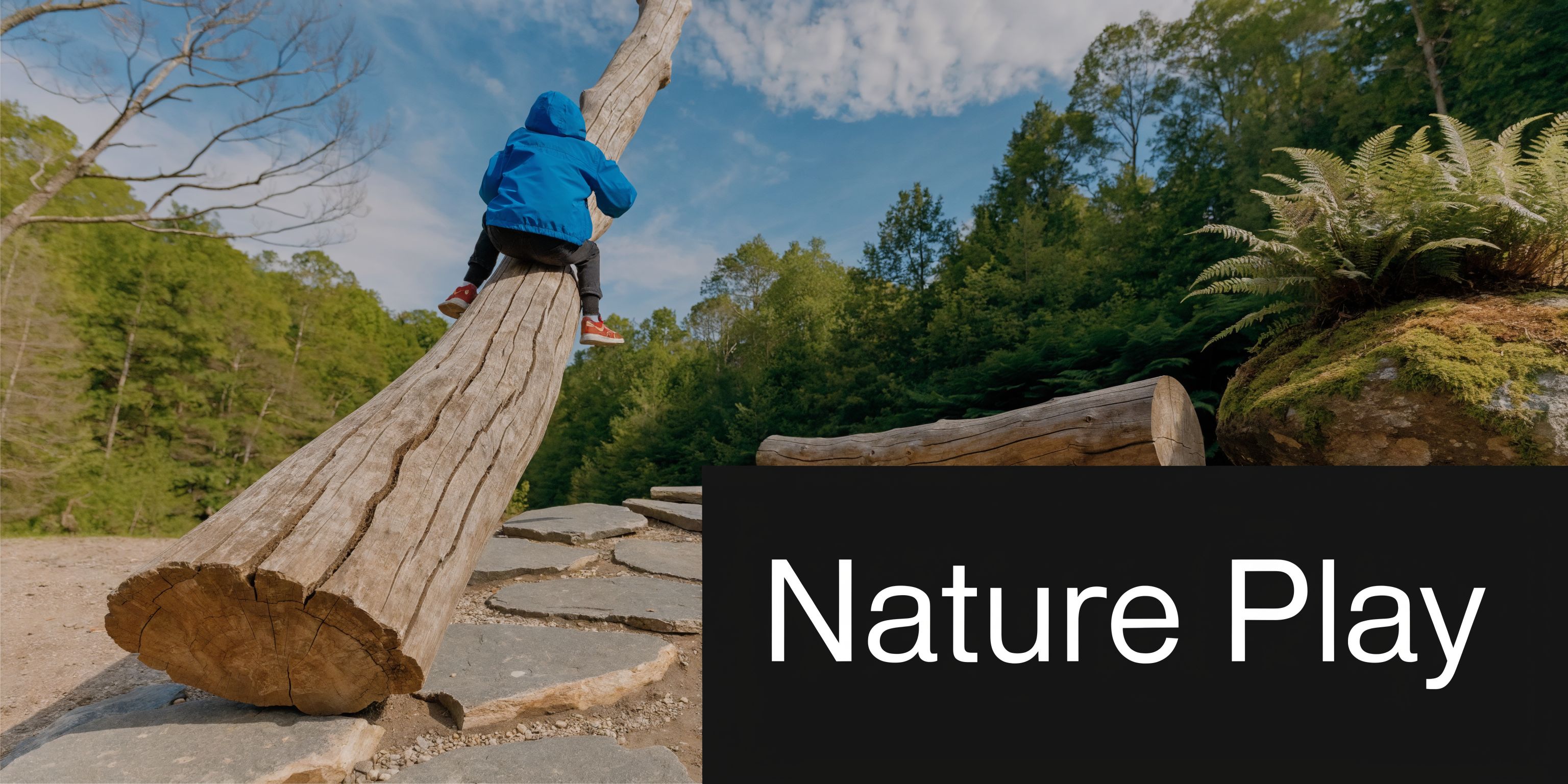 A child in a blue jacket sits on a large fallen log in a natural playground setting.