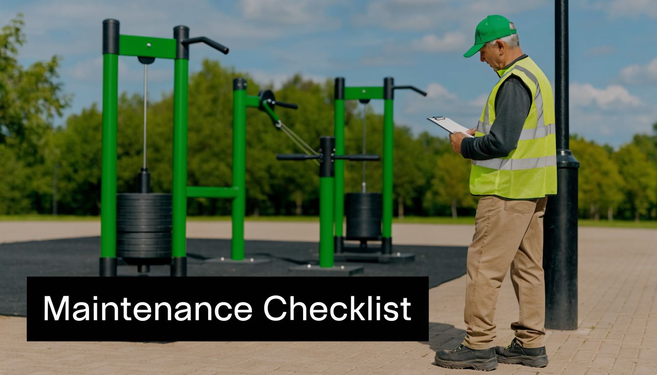 A maintenance worker in high visibility clothing inspects outdoor workout equipment while holding a clipboard outdoors.