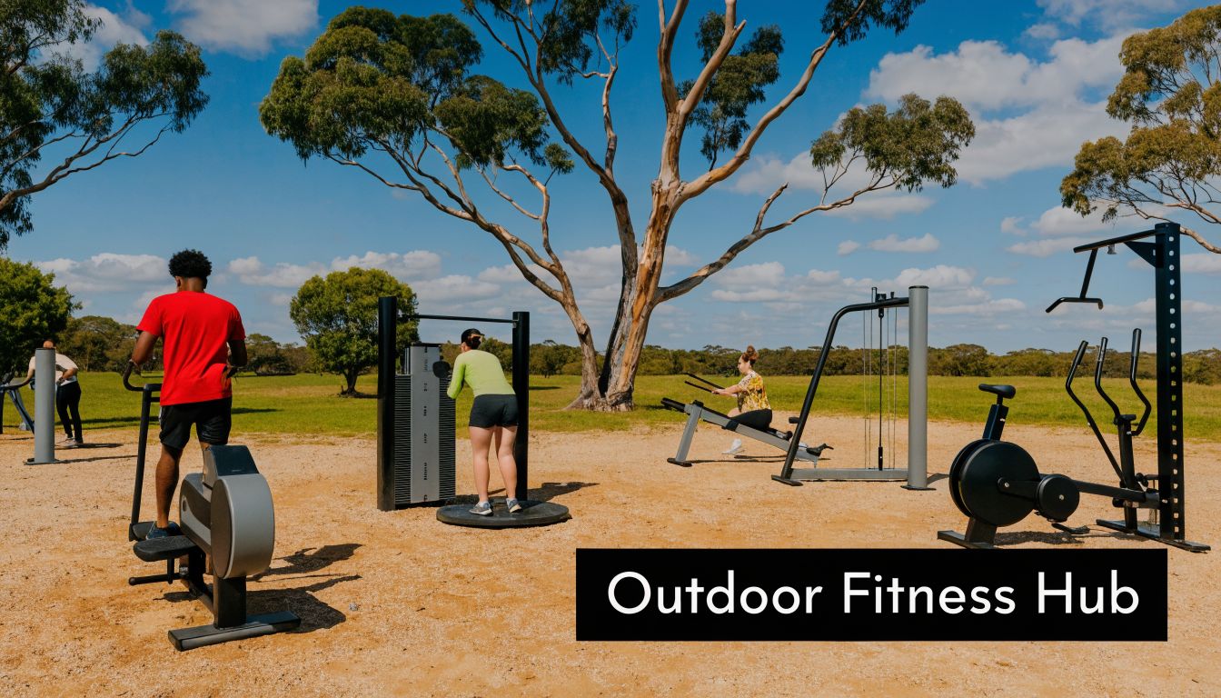 People exercising on various outdoor fitness machines in a grassy park on a sunny day.