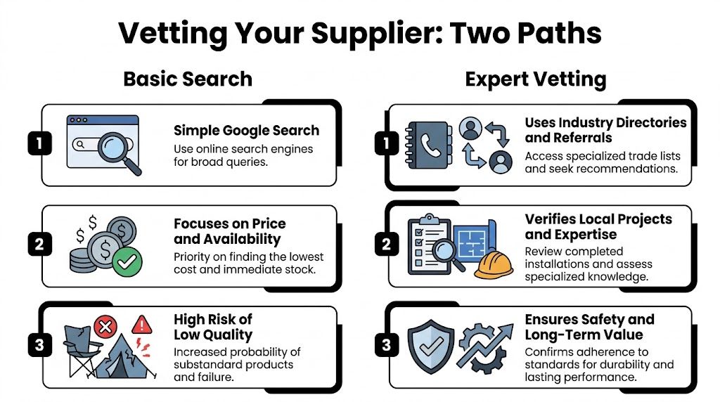 A comparison chart showing two methods for vetting suppliers: basic Google searches versus expert-led professional evaluation strategies.