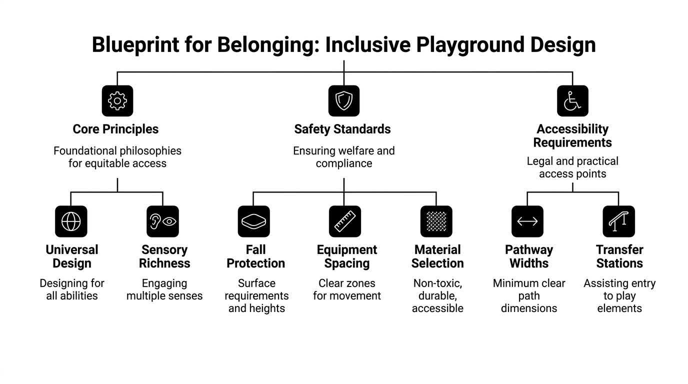 A diagram outlining the inclusive playground design blueprint including core principles, safety standards, and accessibility requirements.