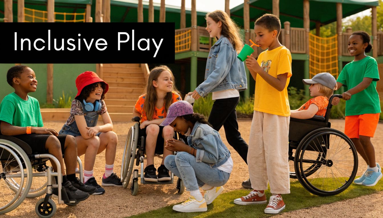 A diverse group of happy children playing together in an accessible outdoor playground area.