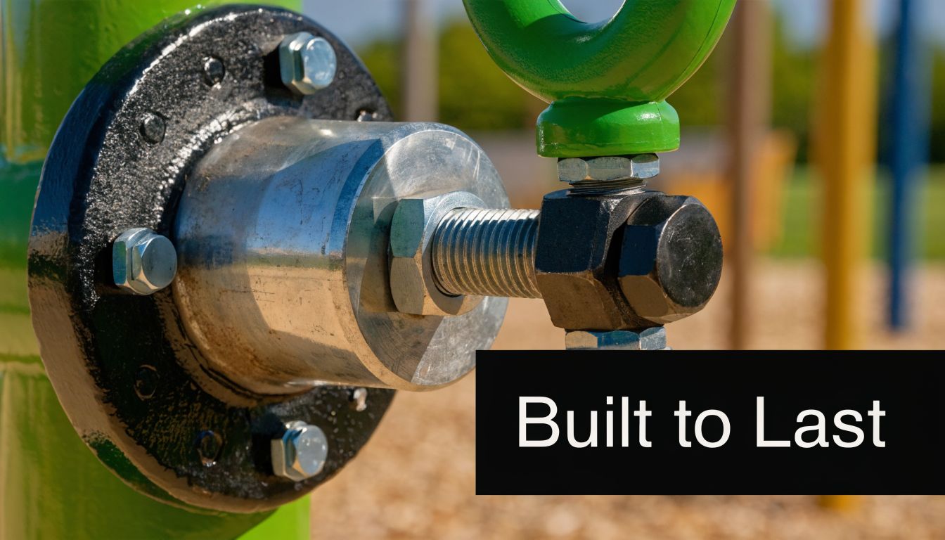 A close-up shot of a durable metal swing attachment mechanism on a playground structure for children.