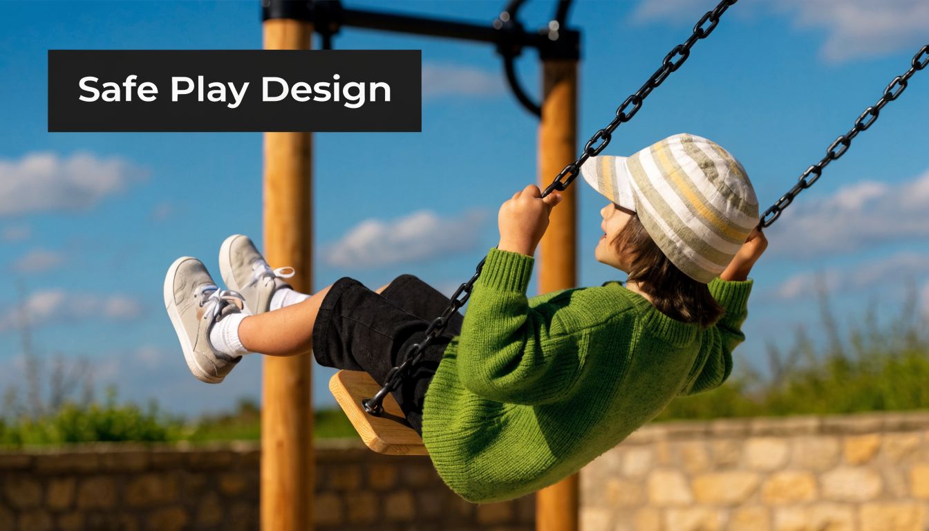 A happy child in a green sweater wearing a cap playing on a wooden swing outside.