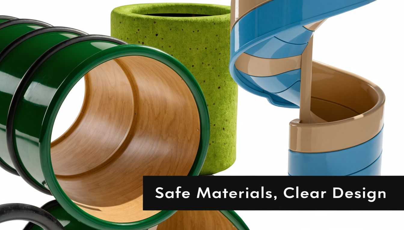 A display of safe, smooth-surfaced playground tunnels and spiral slides designed for children's school play environments.