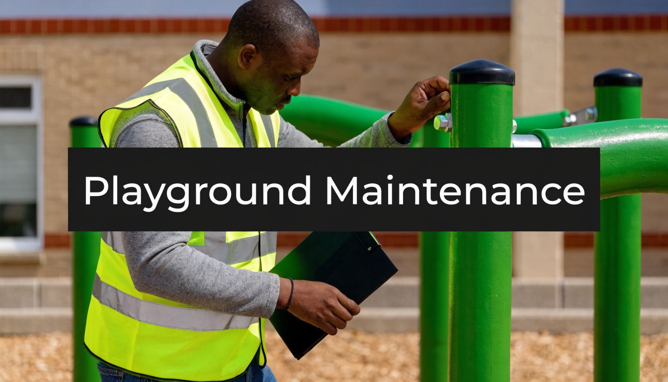 A maintenance worker in a neon vest inspecting green metal playground equipment at a school.