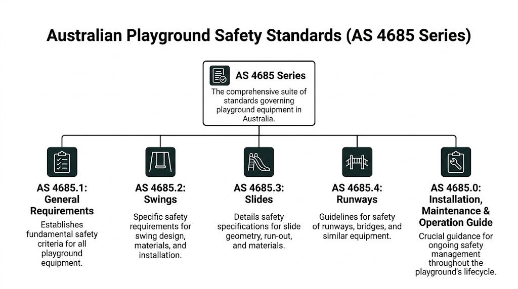 A diagram illustrating the Australian Playground Safety Standards AS 4685 series covering various equipment types and maintenance.