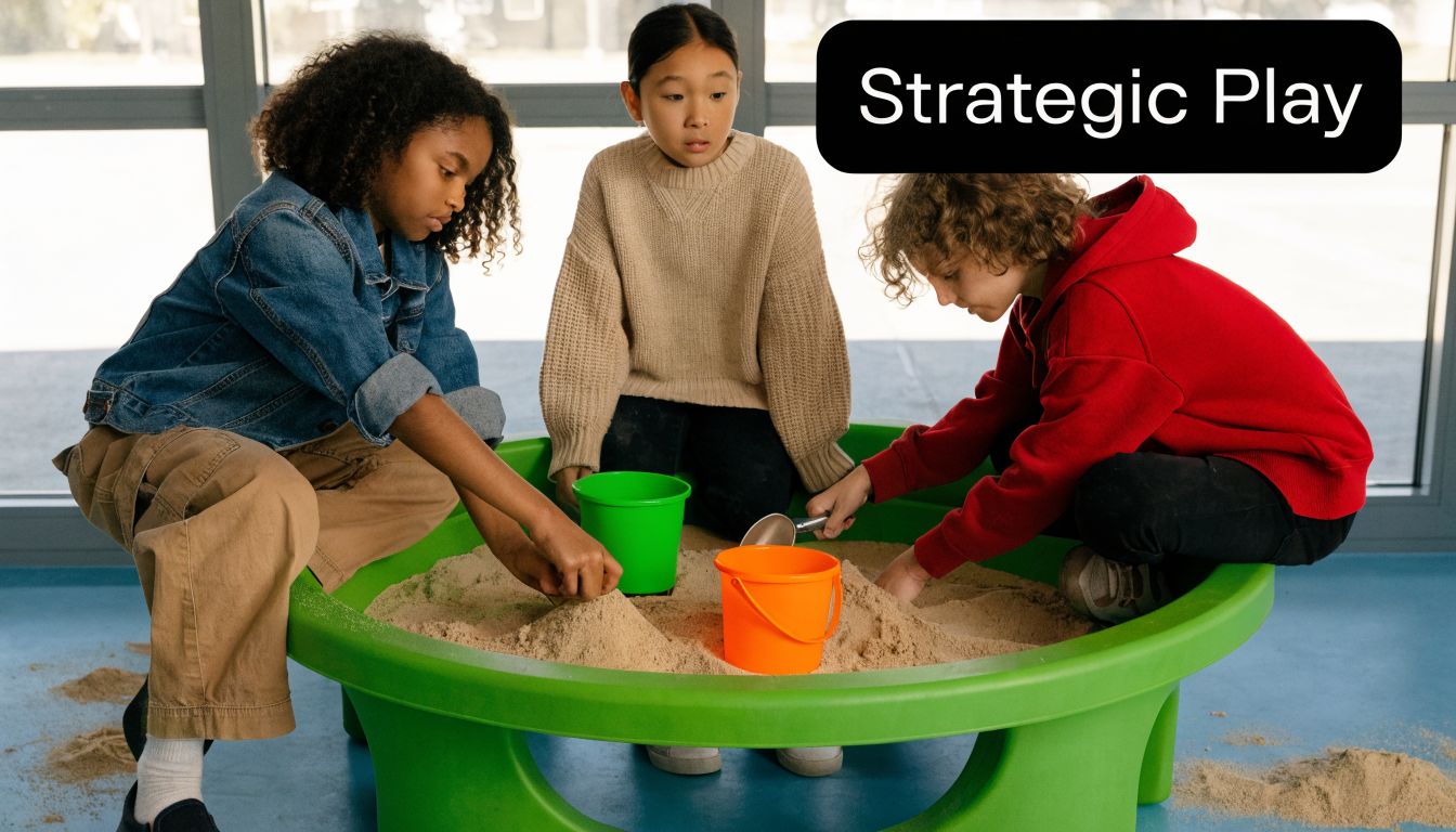 Three children playing together in a large circular sensory sand table using colorful plastic buckets and scoops.