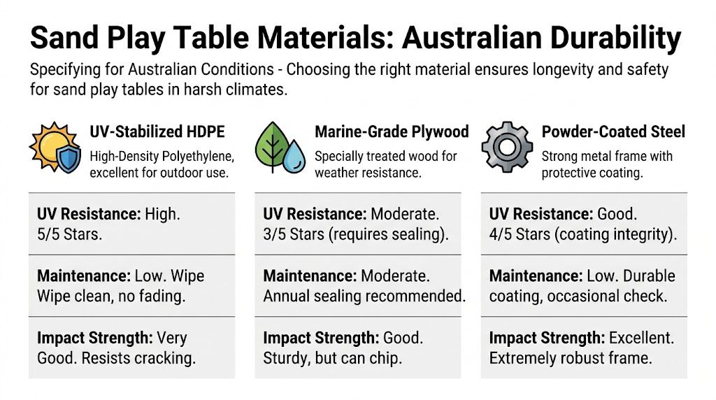 A comparison chart of materials for outdoor sand play tables suited for harsh Australian weather conditions.