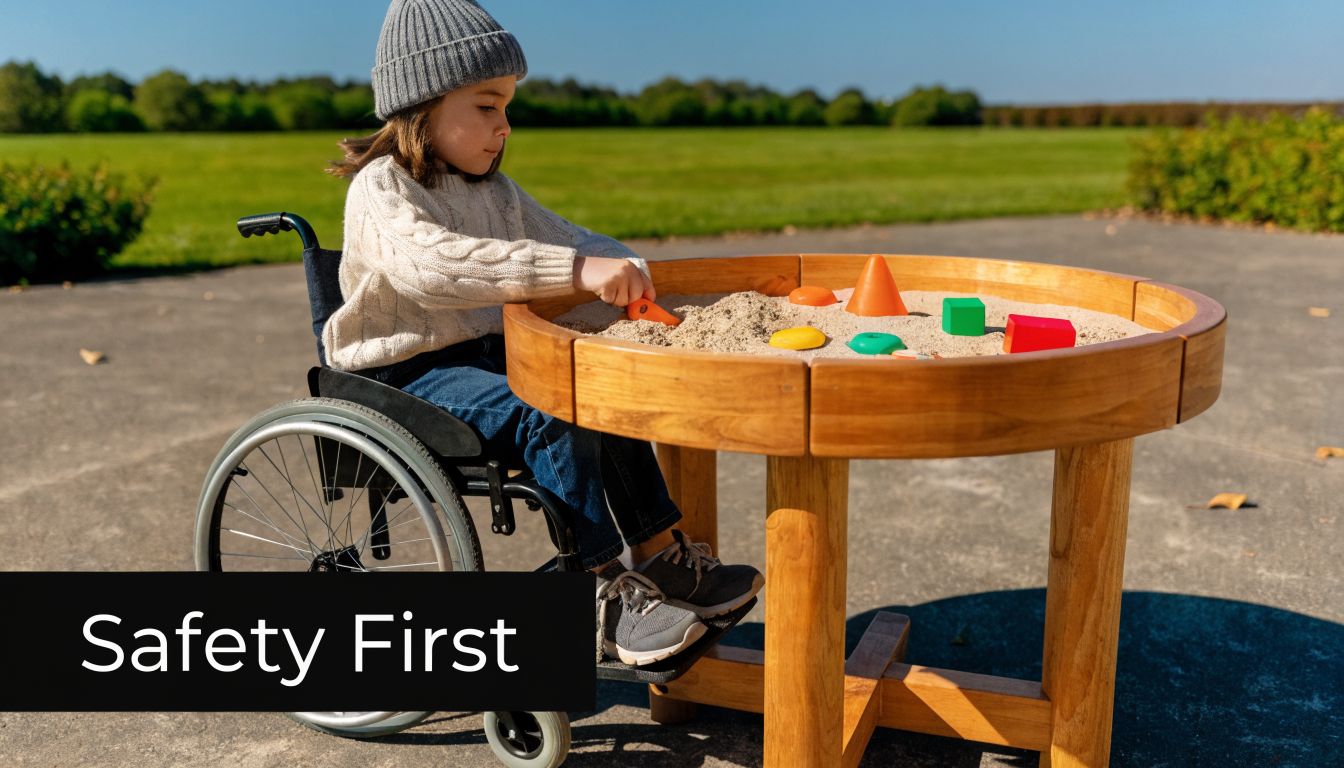 A child in a wheelchair happily playing with sand and colorful wooden shapes at a sensory table.