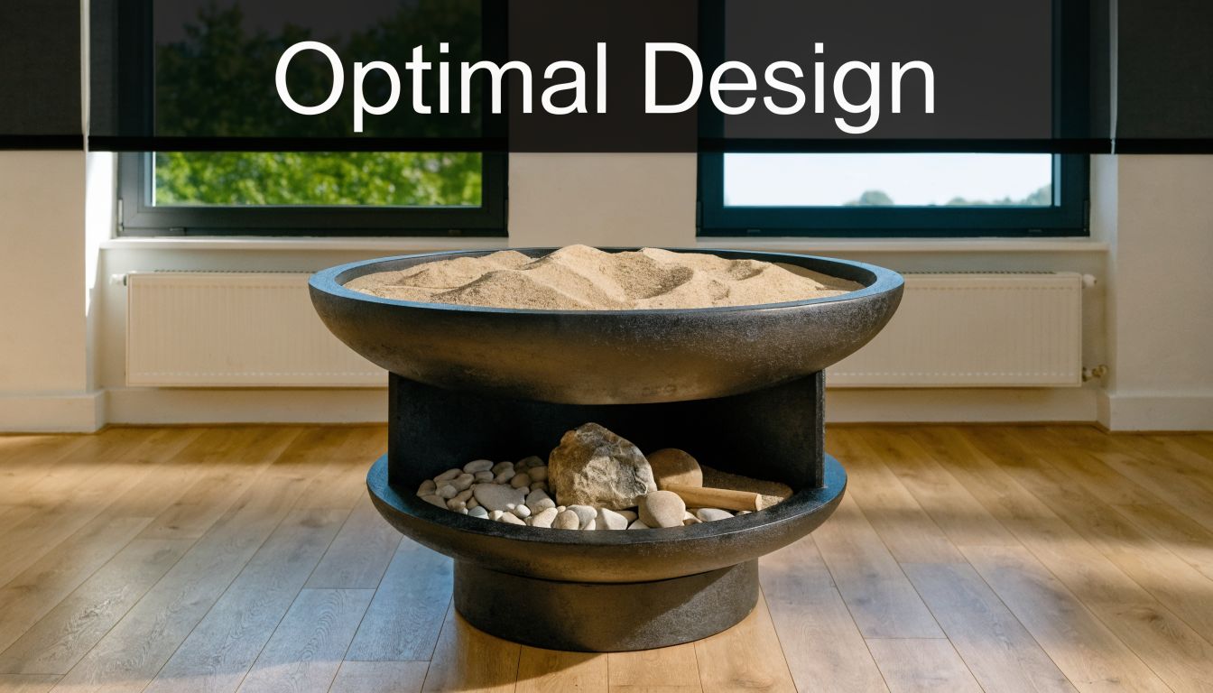 A modern sand and play table with a rock garden on a lower shelf, indoors