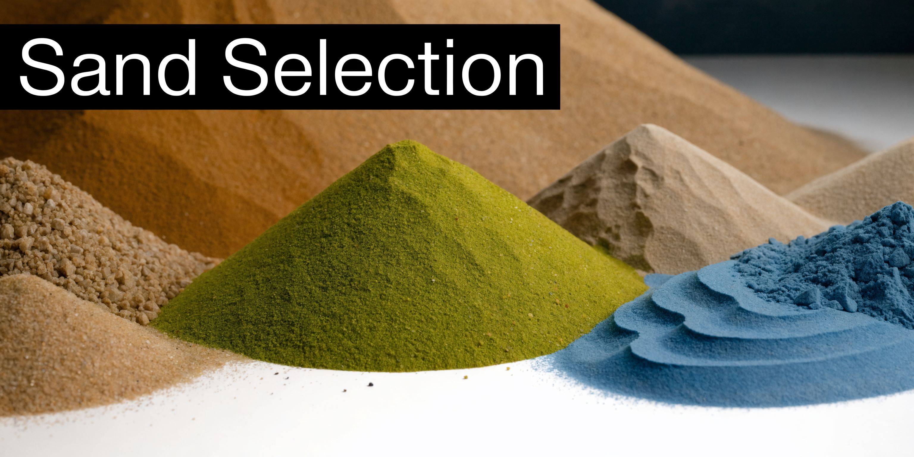 Several colorful piles of sand with different textures arranged on a white surface for sand tables.