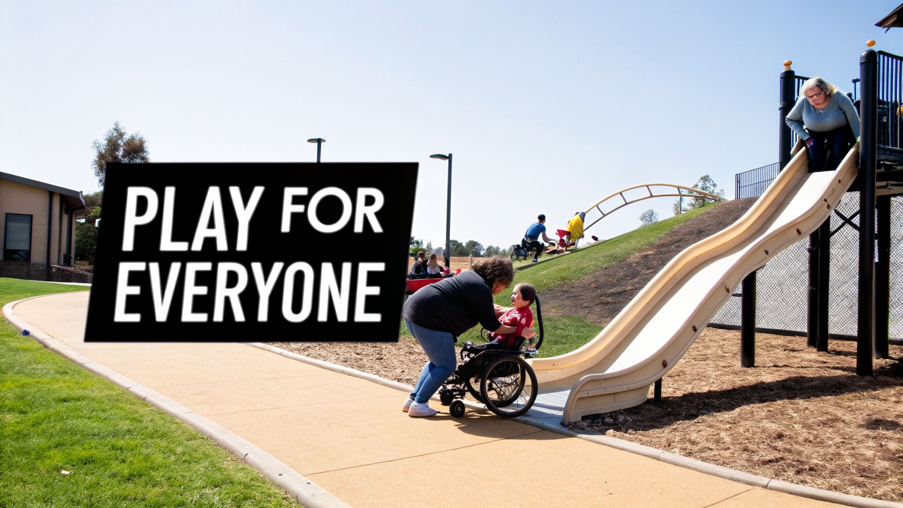 A woman helps a child in a wheelchair at an inclusive playground with a "PLAY FOR EVERYONE" sign.