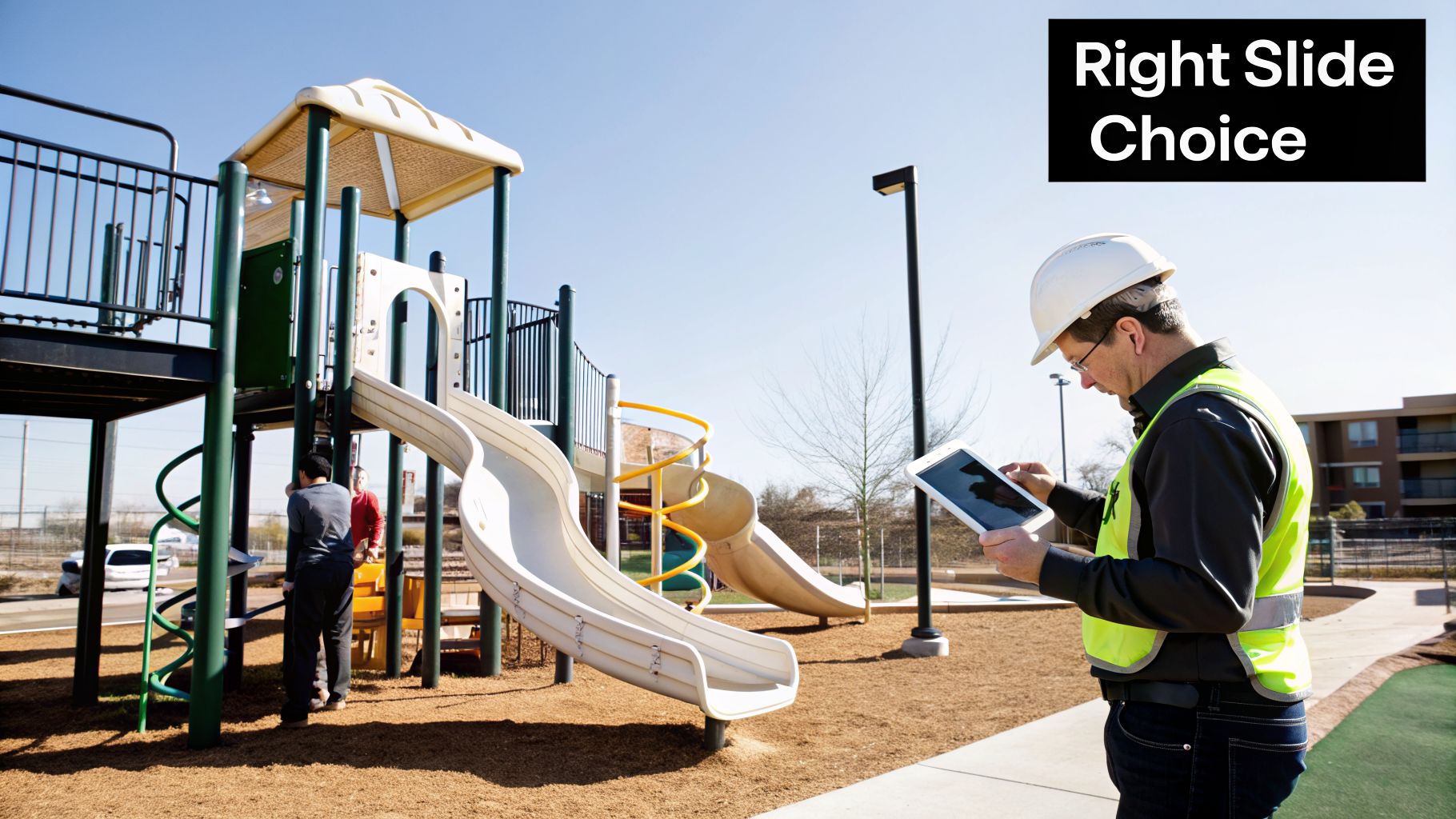 A construction worker in a hard hat and safety vest inspects playground slides with a tablet on a sunny day.