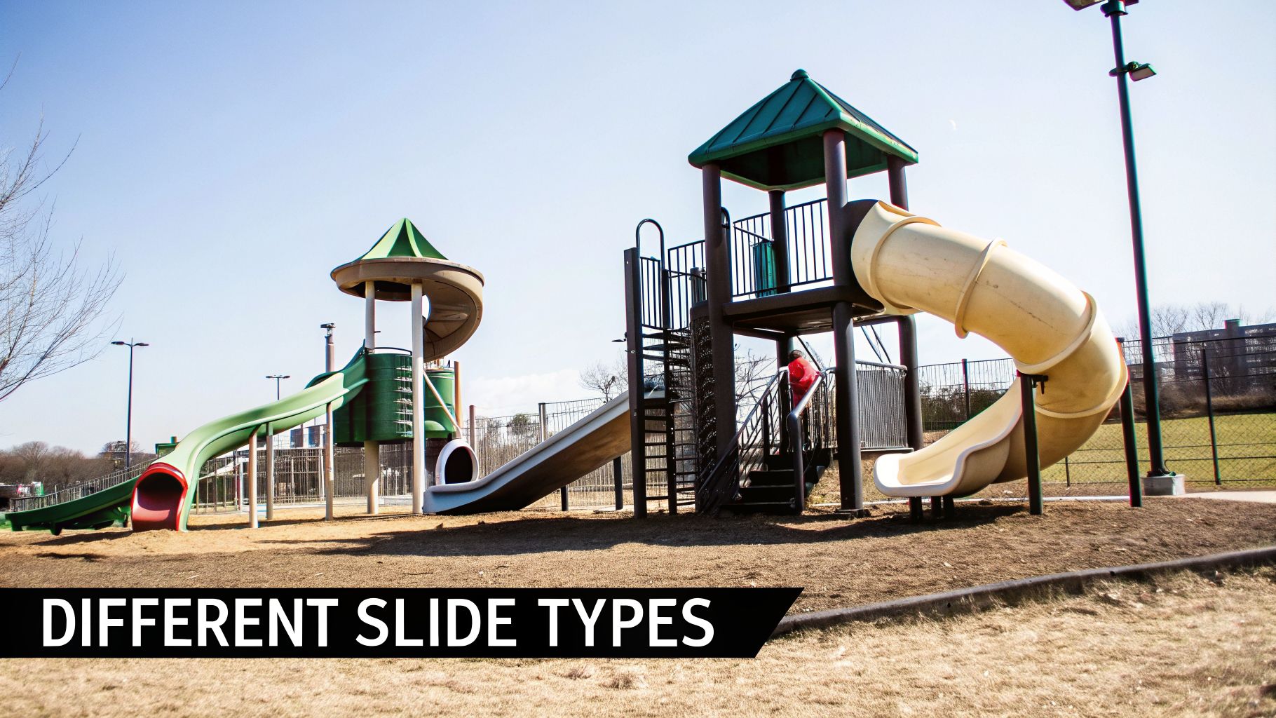 A sunny playground features various slides, climbing structures, and a child, surrounded by dry grass.