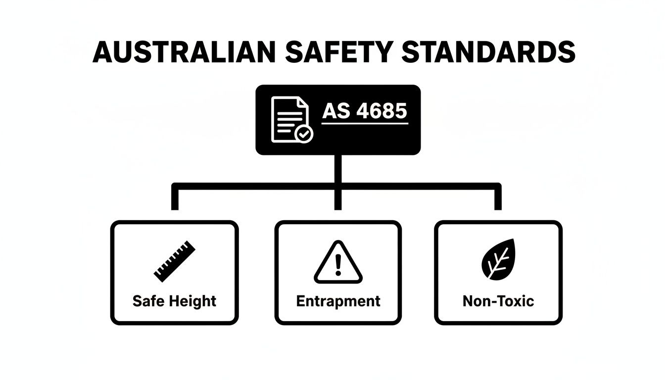 Diagram illustrating Australian Safety Standard AS 4685 for safe height, entrapment, and non-toxic materials.
