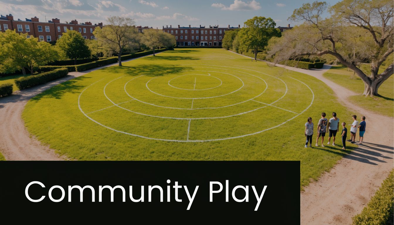 A group of people standing on a green lawn near a large painted circular game pattern.