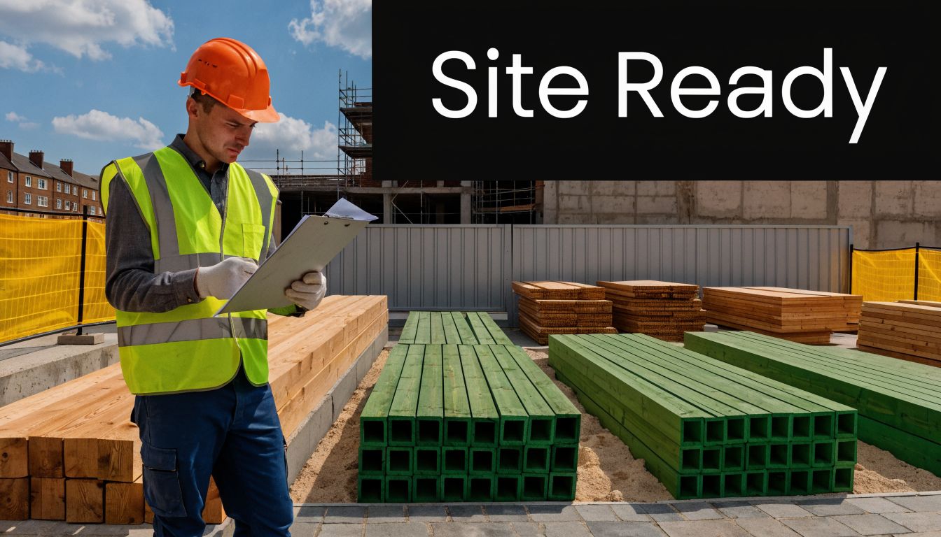 A construction worker in a safety vest and hard hat reviewing documents on a timber supply site.