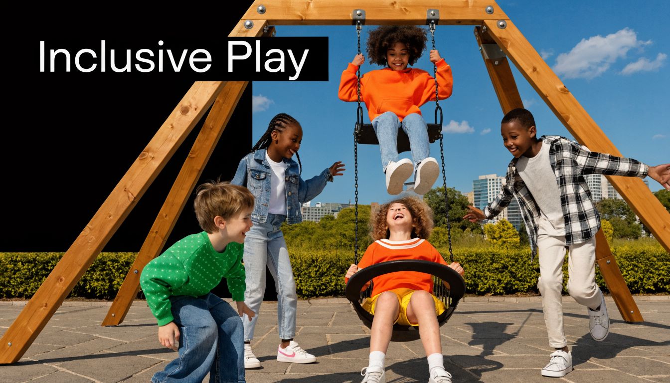 A diverse group of happy children playing together on a wooden swing set in a park.