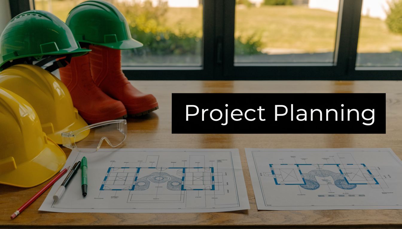 Hard hats, safety boots, and blueprints spread out on a wooden table for architectural project planning.