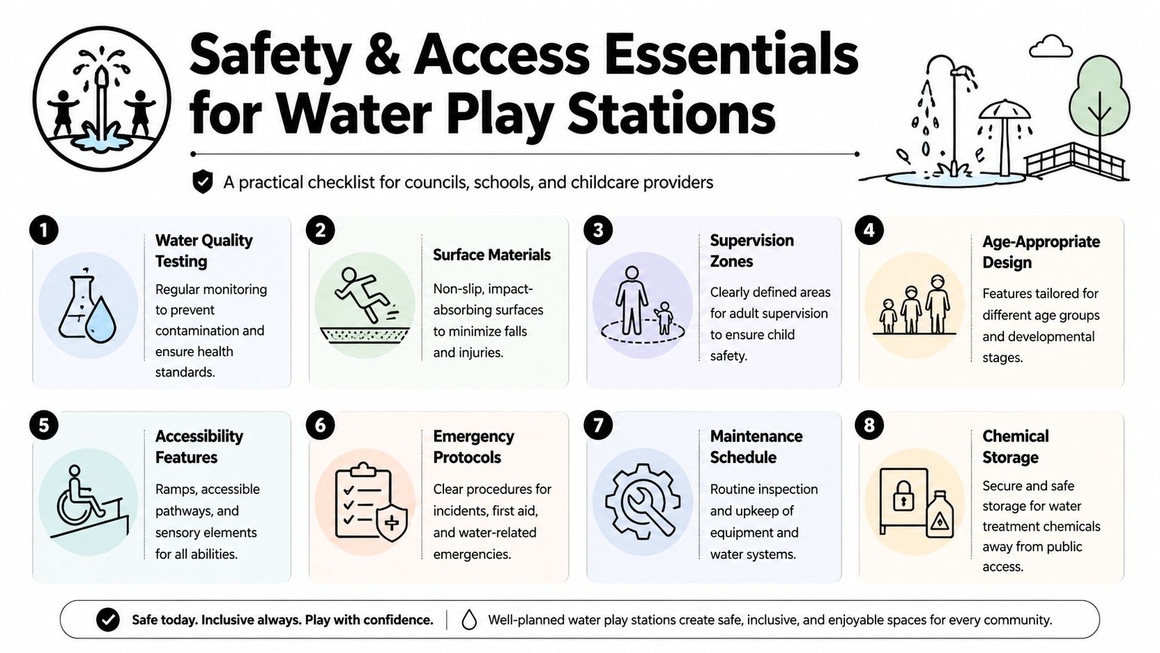 A safety checklist infographic for public water play stations, detailing eight essential maintenance and design standards.