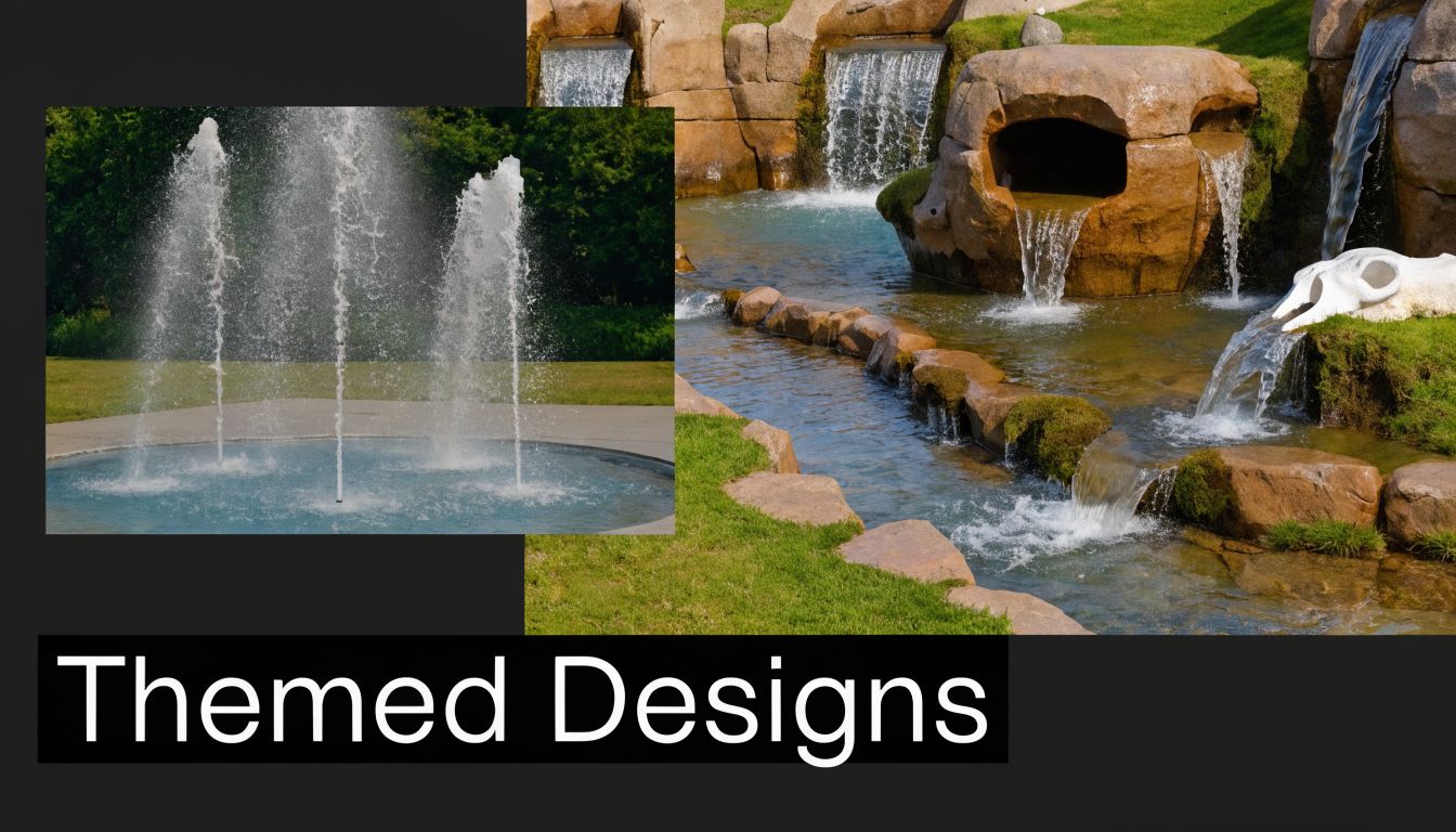 A split image showing a modern circular splash fountain and a detailed themed artificial stone waterfall feature.