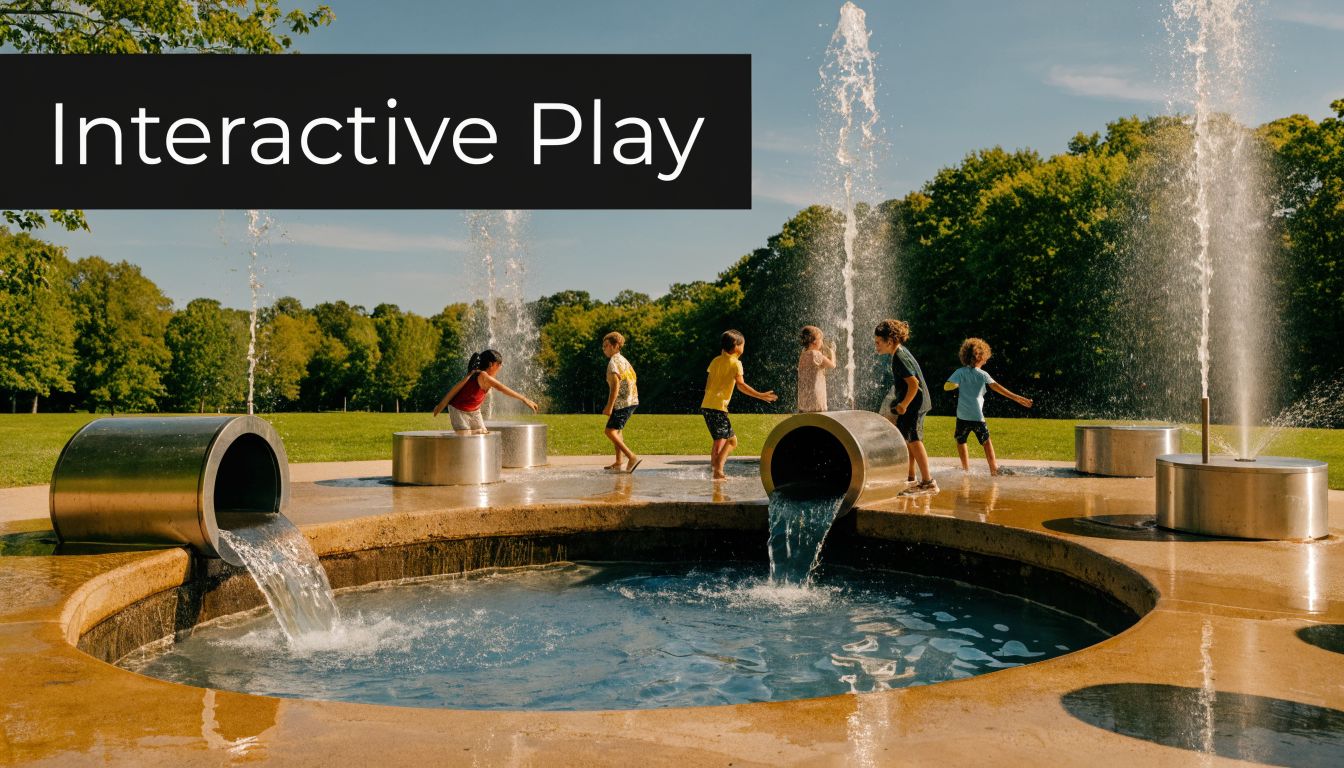 A group of children playing in a park water feature with fountains and circular metal basins.