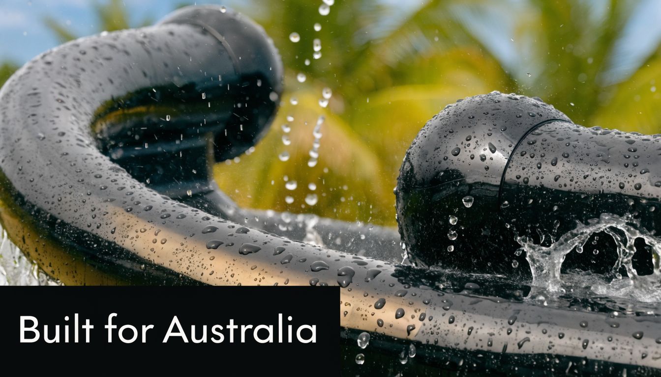 Close-up of black water playground equipment with water droplets splashing off the surface in bright daylight.