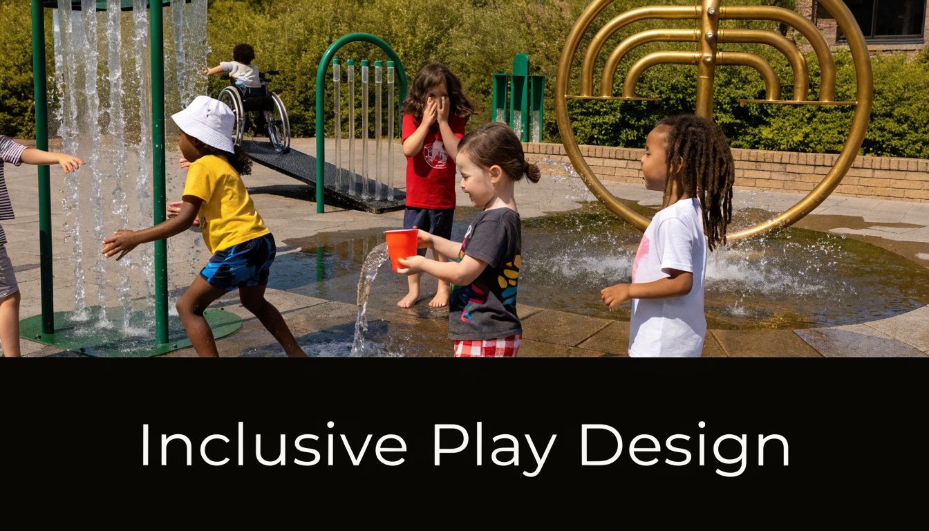 Diverse children playing together on a sunny day at an inclusive water playground splash pad area.