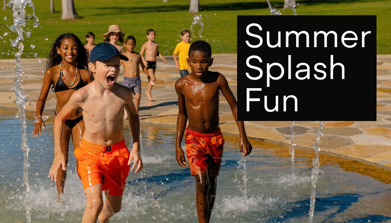 A group of happy children running and playing in a shallow outdoor water fountain on a sunny day.
