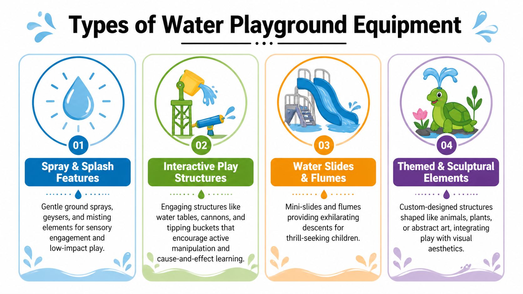 An infographic detailing four distinct types of water playground equipment with illustrations for each category.