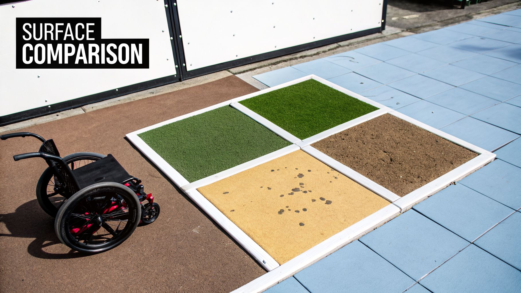 A wheelchair sits beside a grid of four distinct surfaces: artificial grass, rubber, and soil, for comparison.