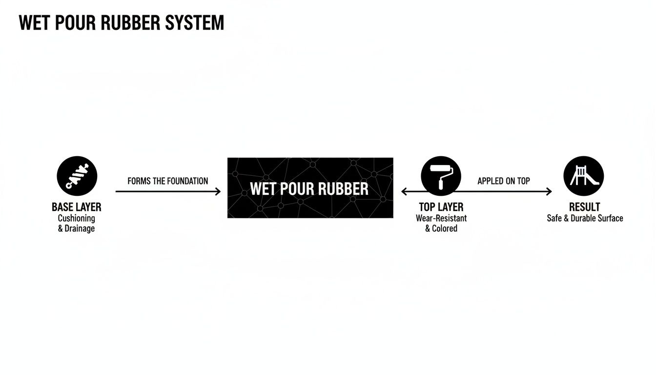 Flowchart explaining the wet pour rubber system, from base layer to a safe and durable surface.