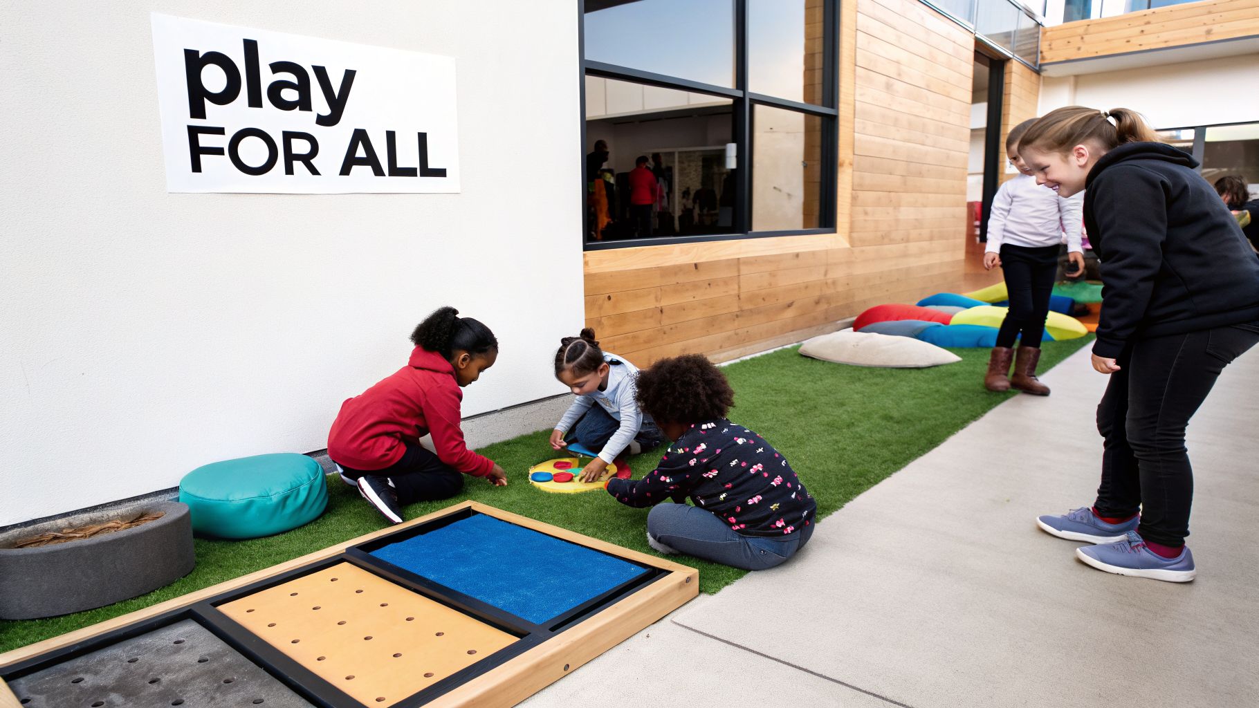 Children playing on indoor turf with sensory toys and boards under a 'Play FOR ALL' sign.