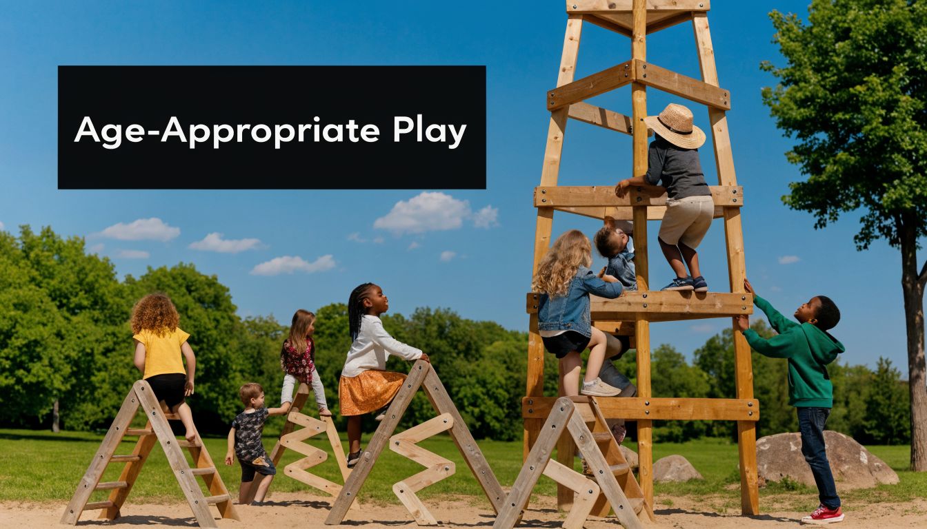 A group of diverse children playing on various wooden climbing frames in a sunny outdoor park.