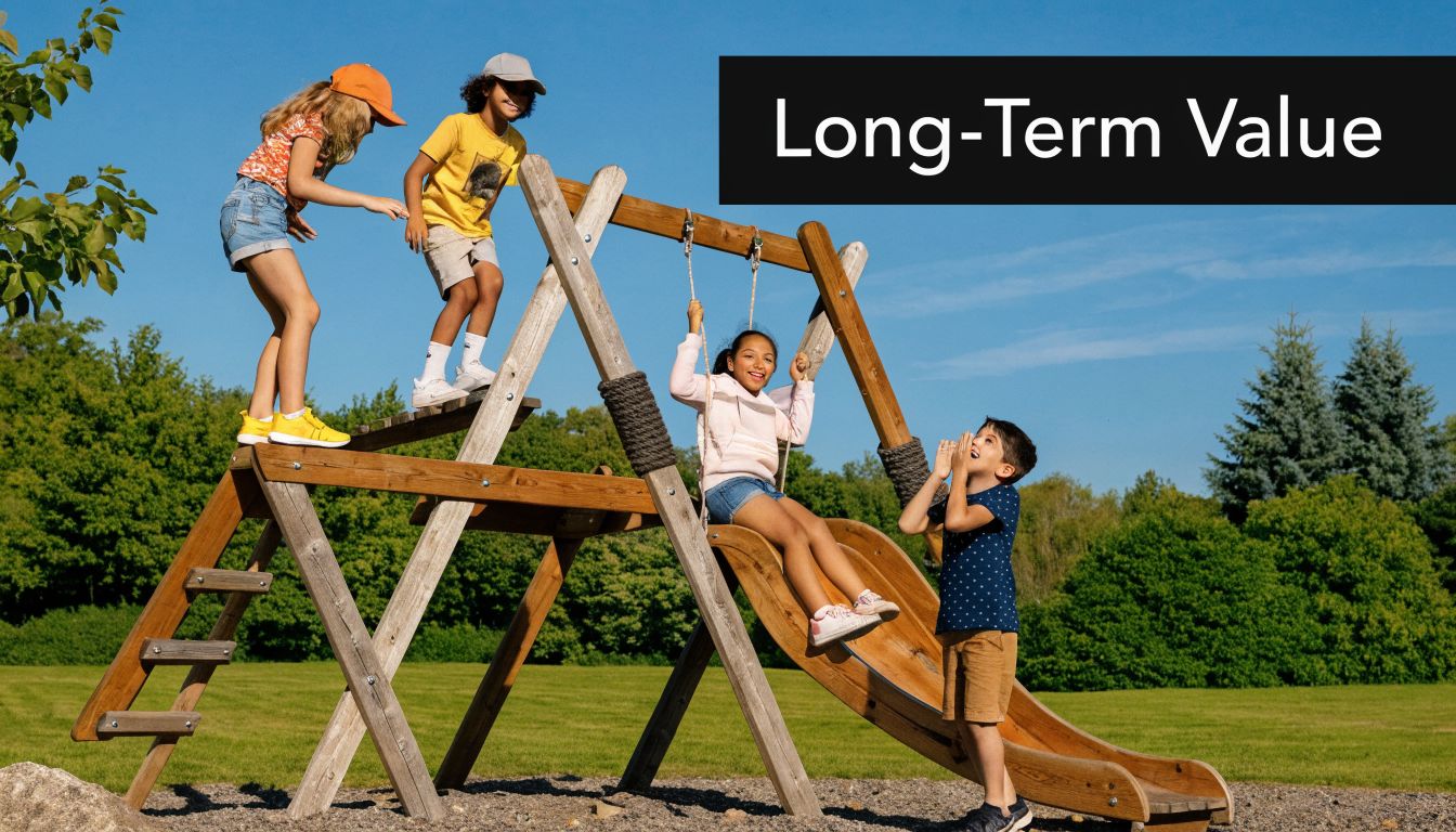 A group of happy children playing on a wooden climbing frame with a slide in a park.
