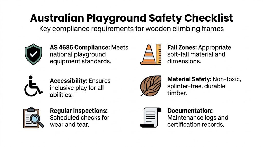 An infographic detailing the Australian safety compliance requirements for wooden playground climbing frames and equipment.