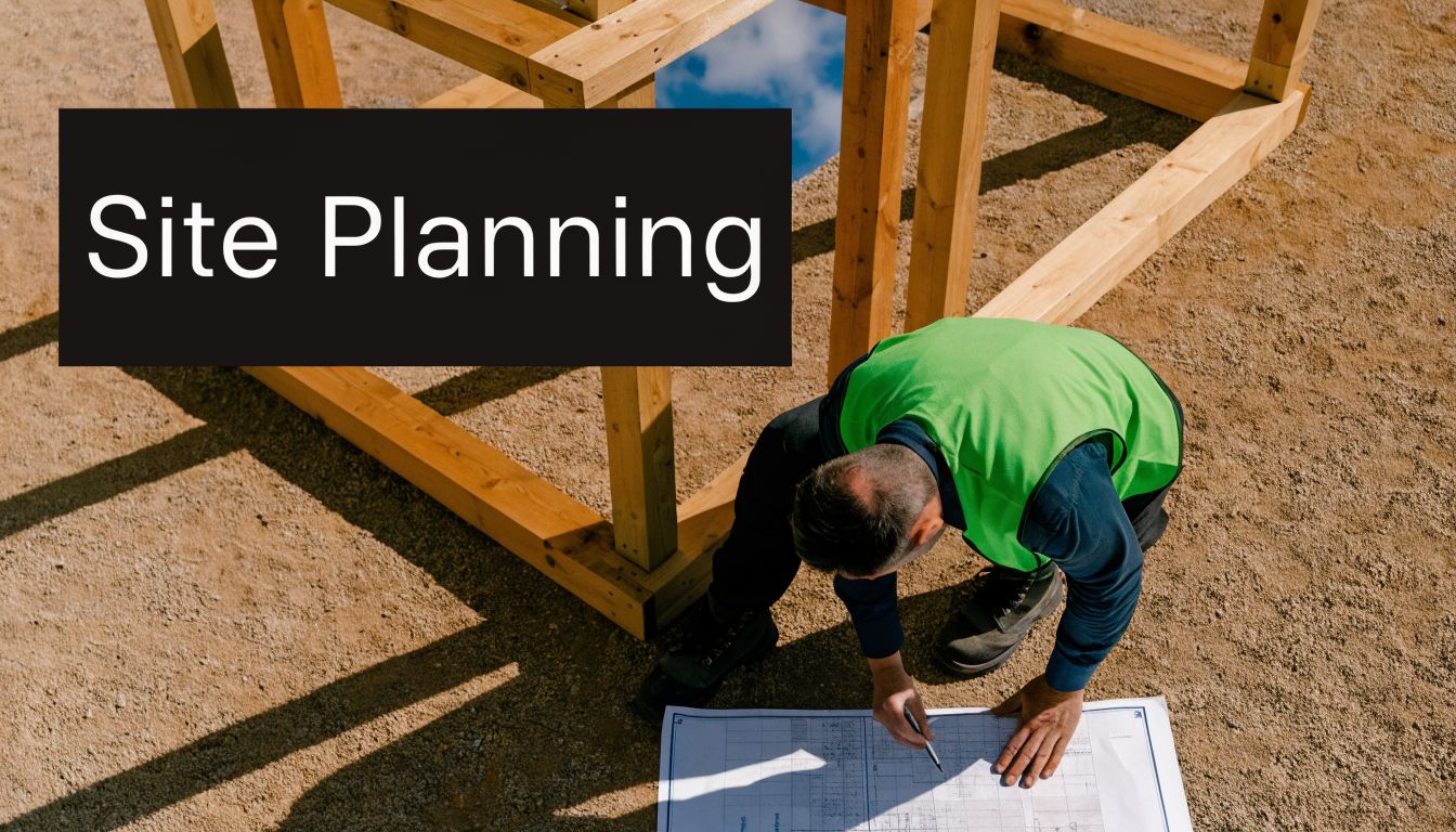 A construction worker in a green safety vest reviews architectural blueprints near a wooden playground frame.