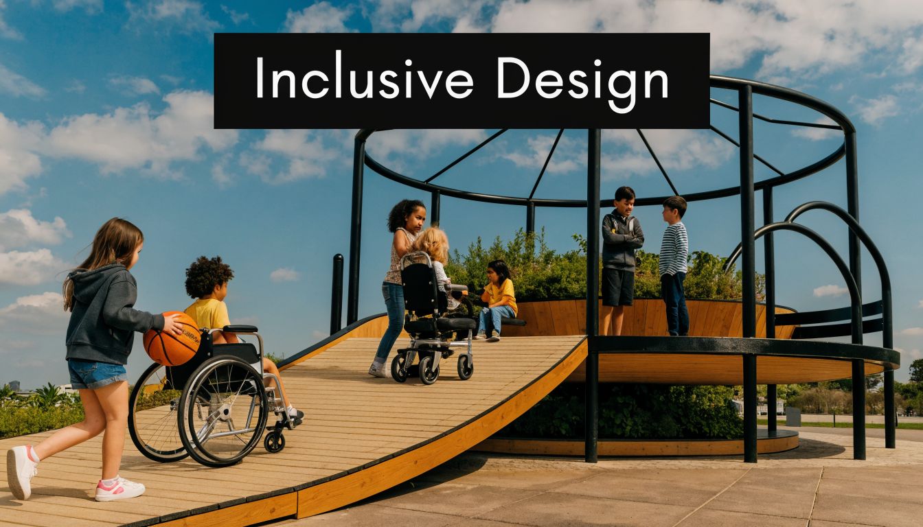 A diverse group of children interacting on an inclusive playground with ramps and modern play equipment.
