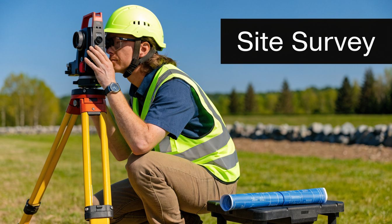 A land surveyor in a high-visibility vest and hard hat using a total station on a job site.
