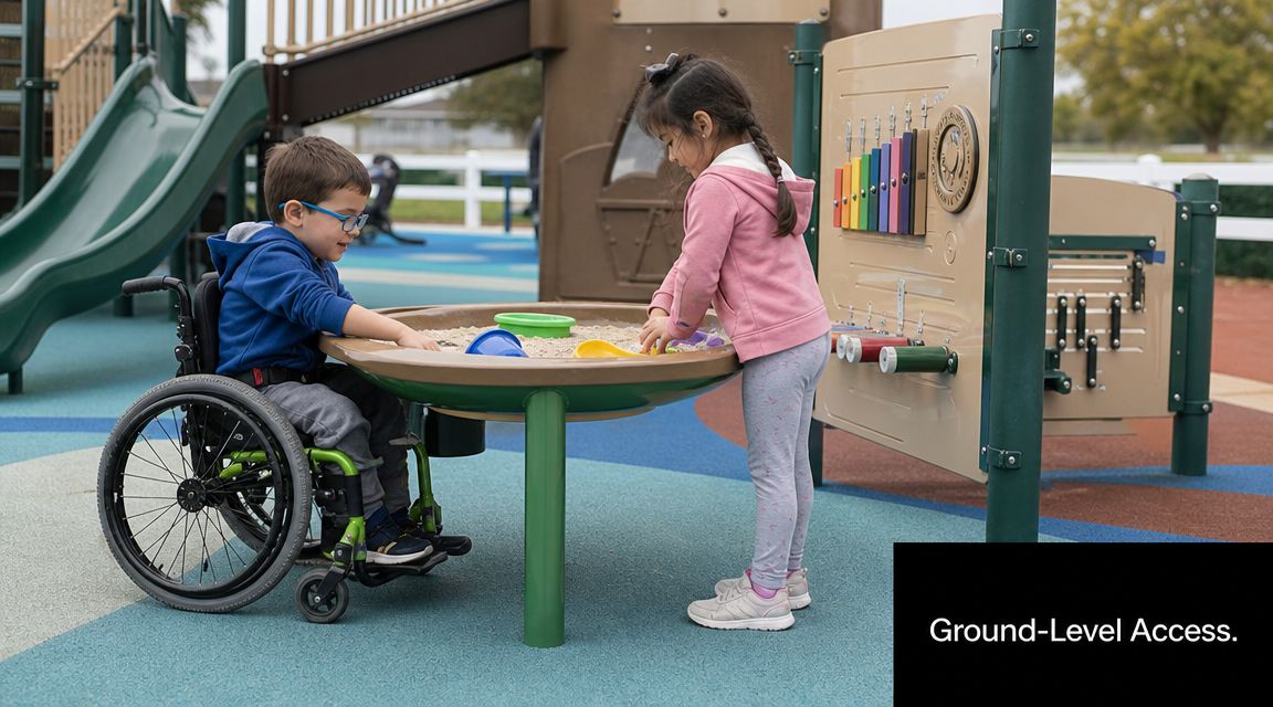 A boy in a wheelchair and a girl playing together at an accessible outdoor sand table.