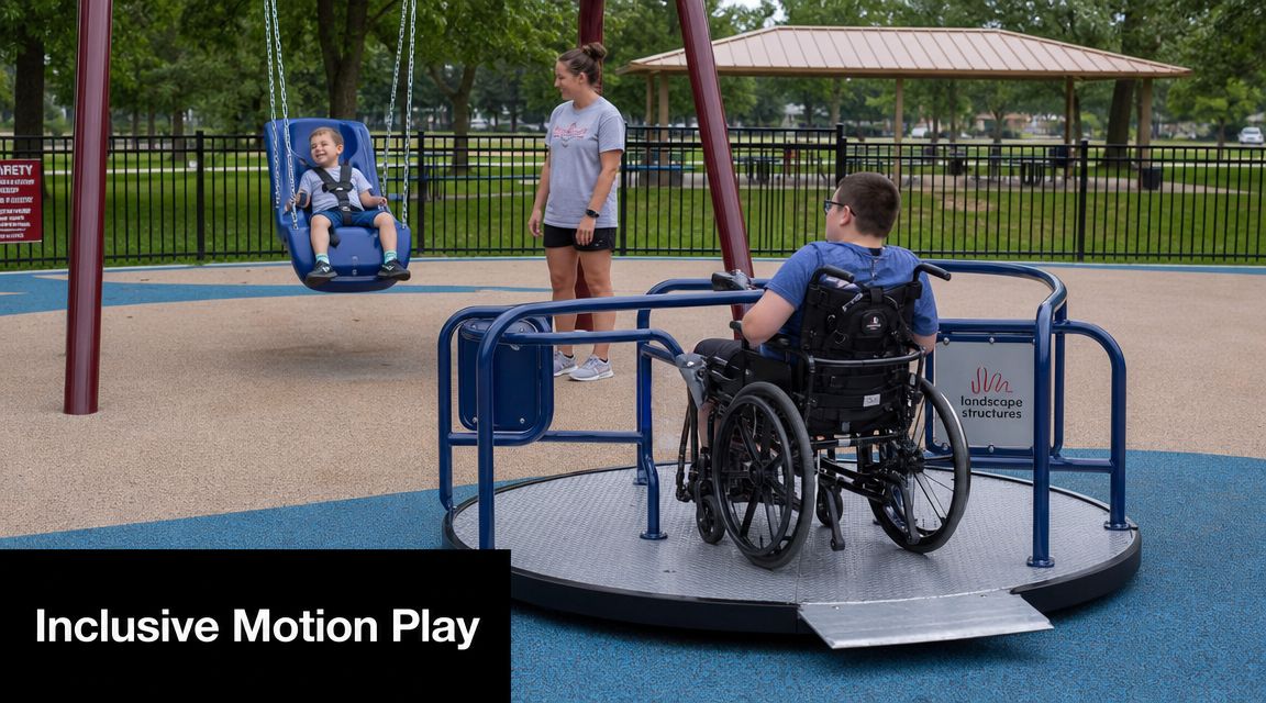 A child in a swing and a teen in a wheelchair on a merry-go-round at a playground.