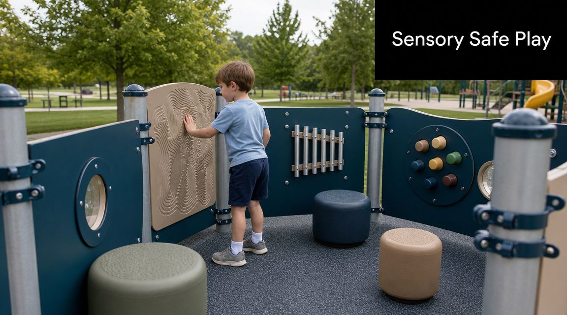 A young boy engaging with a sensory wall panel on an inclusive outdoor playground for children.