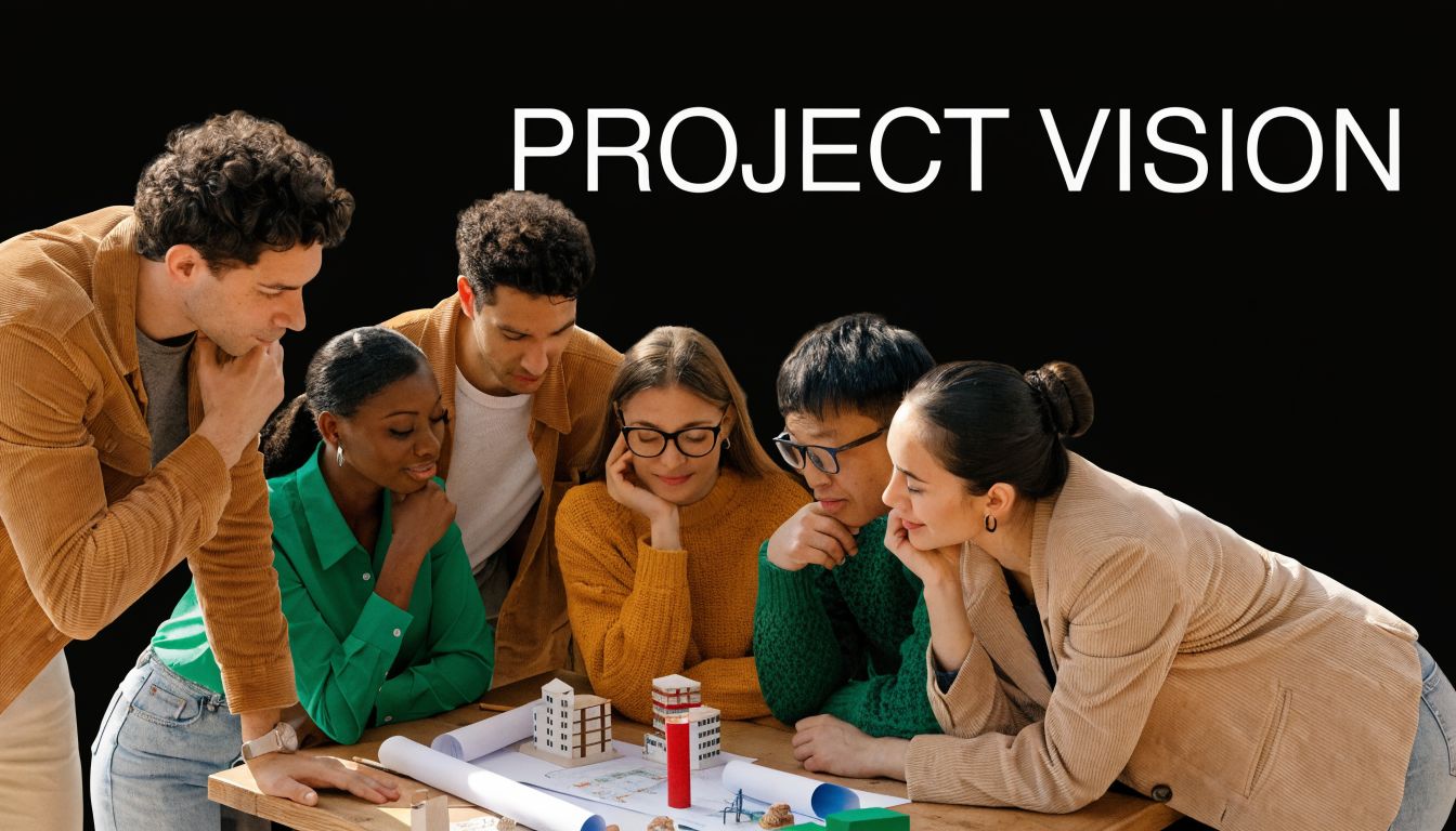A diverse group of architects collaboratively reviewing a scale model of a future family fun park design.