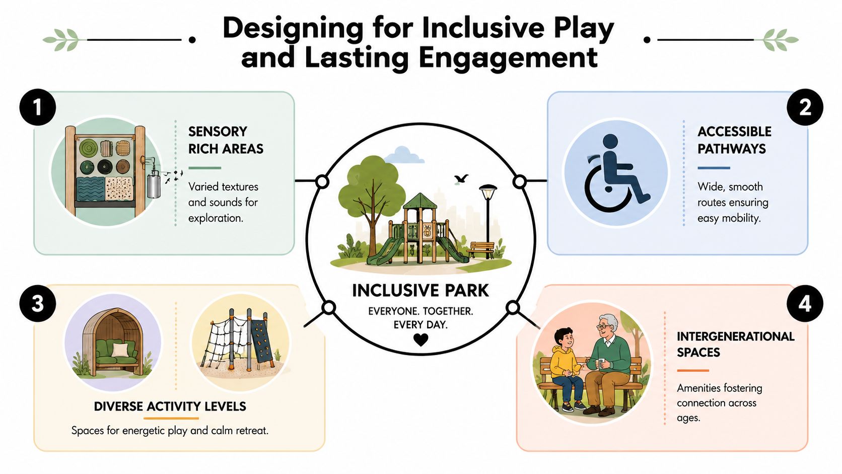 An infographic detailing design principles for creating an inclusive park for people of all ages and abilities.