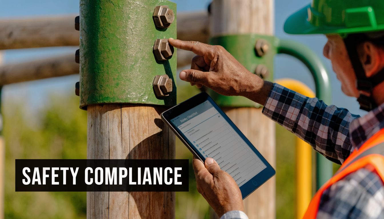 A safety inspector in a hard hat inspects playground equipment with a digital checklist tablet.