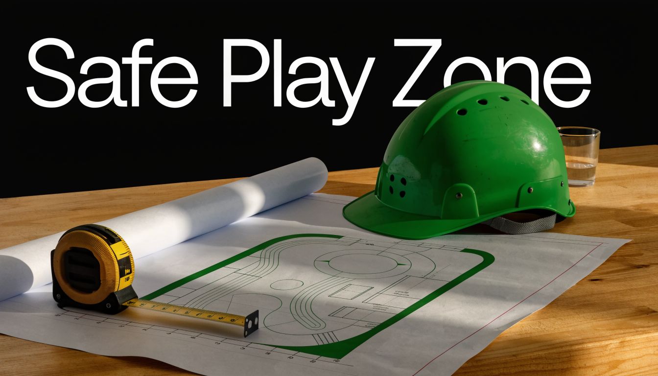 A green hard hat, a yellow tape measure, and a blueprint on a wooden table, construction theme.